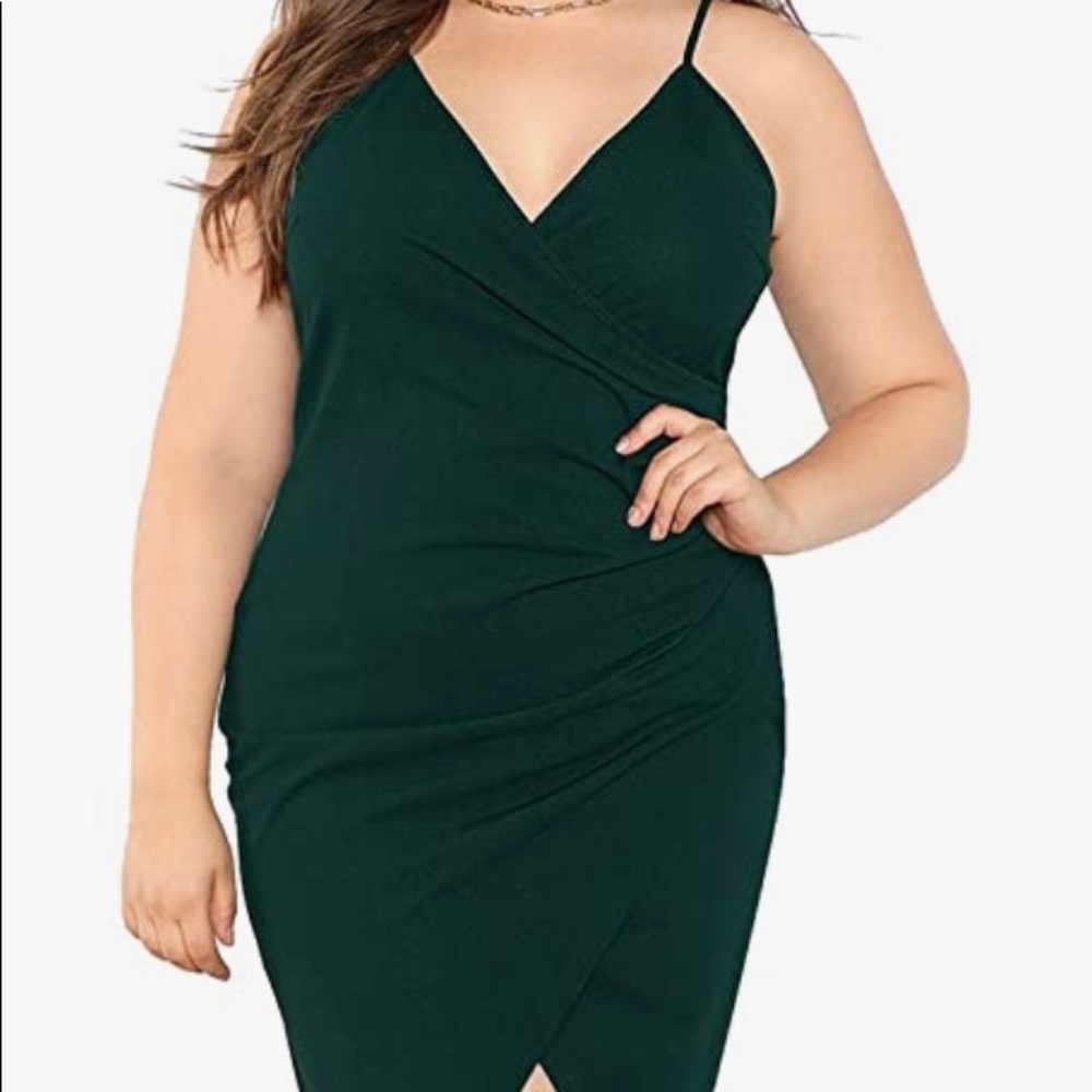 Milumia 2xl, V Neck Wrap Cami Dress Asymmetrical Hem Ruched, dark green, new